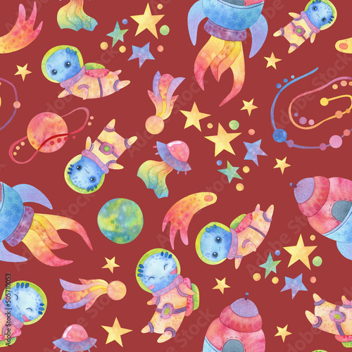 Seamless pattern. Watercolor Space. Cartoon Alien, rockets, planets.