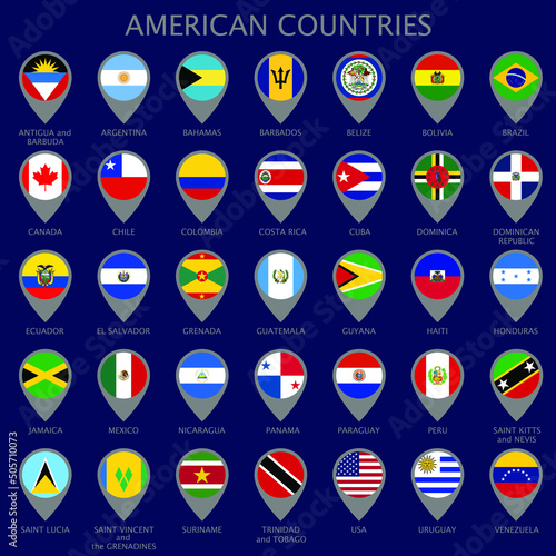 Map pointers with all national flags of the American countries in alphabetical order. Official colors flags. Colorful set map pointers. Vector illustration