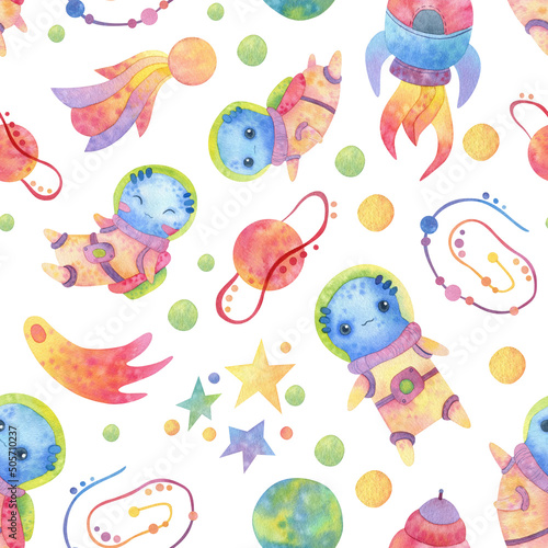 Seamless pattern. Watercolor Space. Cartoon Alien, rockets, planets. On a white background