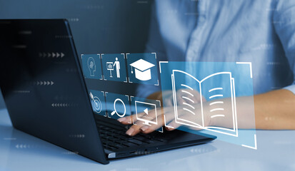 E-learning education, internet lessons and online webinar. Person who attends online lessons on a digital screen.Education internet Technology.