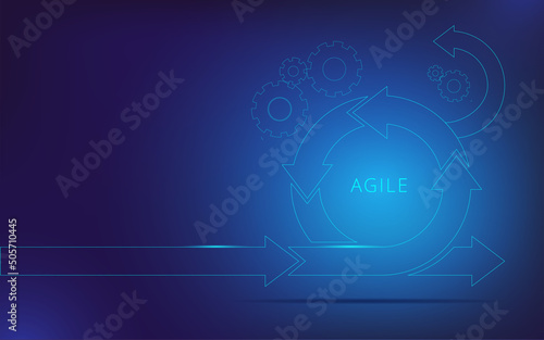 Round neon arrow on the background of gears. Template for a horizontal banner on the theme of agile mettodology of development.