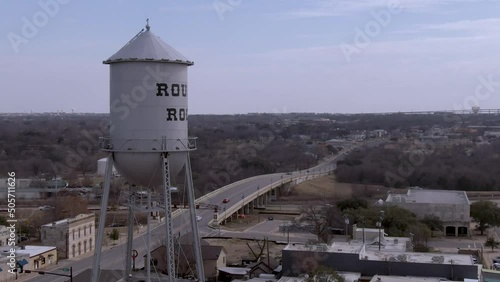 Static aerial shot of Round Rock water tower in Round Rock, Texas with Main Street in the background. photo