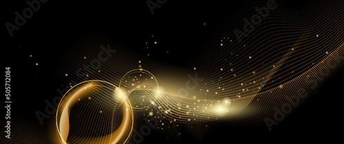 Vector illustration design of bright gold sparkle, dust particle, neon glow effect. Abstract of shiny glitter, spark light and golden shine line for energy motion, technology on black color background