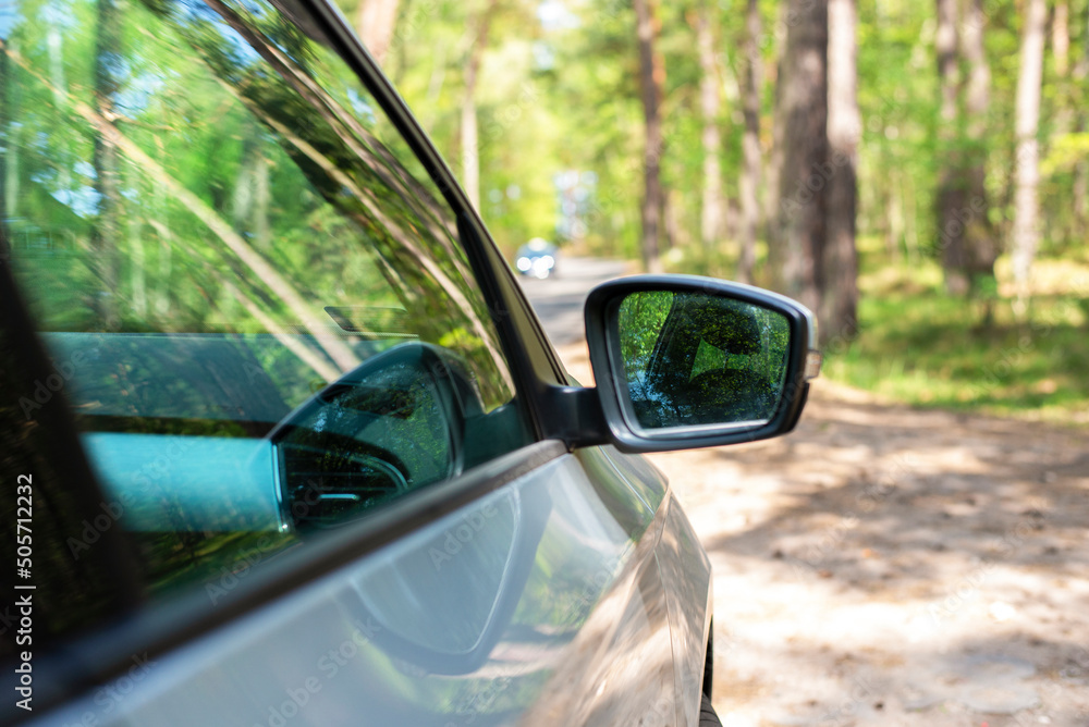 Gray car in the forest. Far-view mirror. Side mirror of the car.