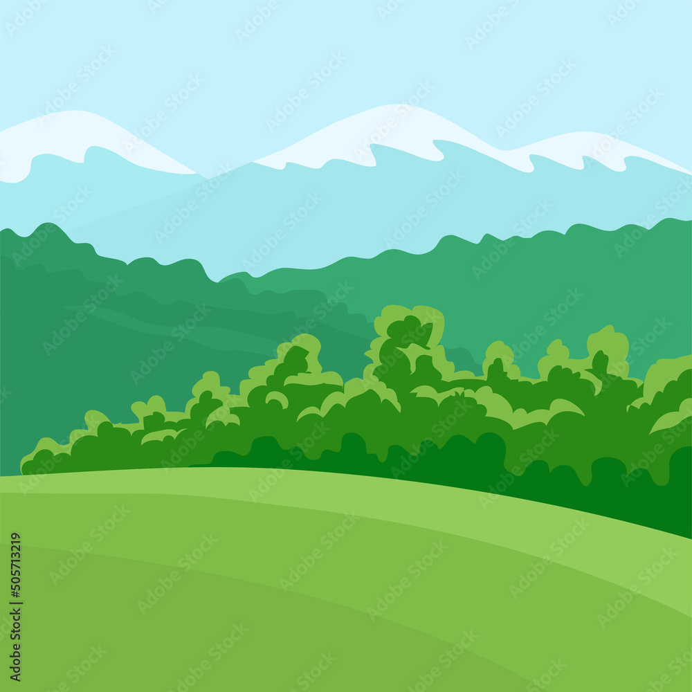 Summer landscape of nature. Panorama with green forests, hill, fields, mountains and blue sky. Rural scener. Flat vector illustration