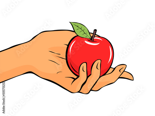 Female hand with a red apple. Eva woman seduces with appetizing fruit. Sweet natural dessert. Healthy food. Vector illustration isolated on white background. Art hand drawn outline