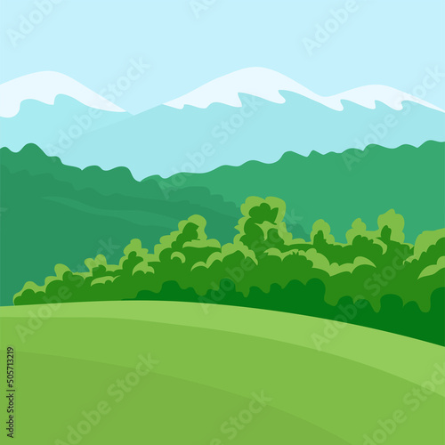 Summer landscape of nature. Panorama with green forests, hill, fields, mountains and blue sky. Rural scener. Flat vector illustration