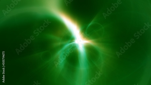 Abstract green energy background with summer sun rays and lens flare. 3D illustration backdrop template for sustainable resources and renewable power for carbon dioxide neutral product showcase.