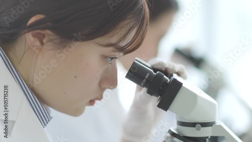 顕微鏡を覗く研究者の女性