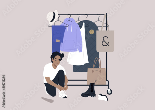 A rail of clothes hanging on hangers, fashion concept, a male Caucasian character trying different pairs of shoes on, an in-store shopping