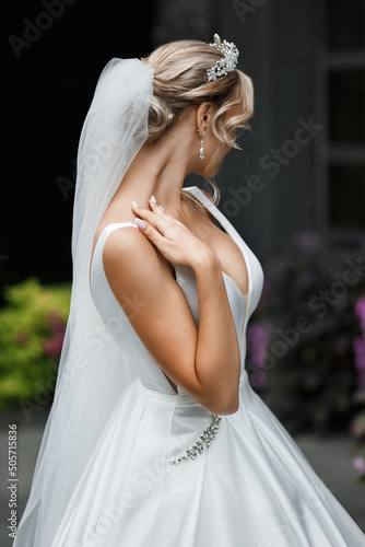 Enchanting blonde bride in a wedding dress with a long beautiful veil. A tiara on her head