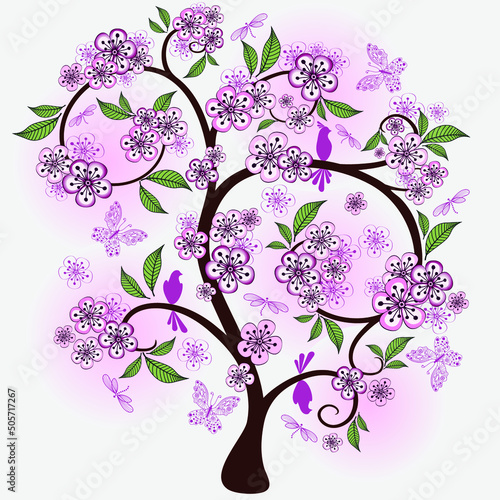 Blossoming cherry tree with butterflies, dragonflies, birds on a light background. Vector eps 10