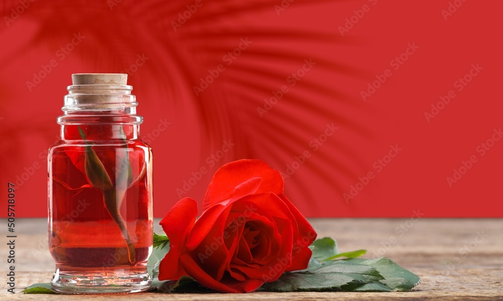 Bottle of perfume on a red background with palm leaves shadow. Bottle of perfume on a red background with palm leaves shadow.