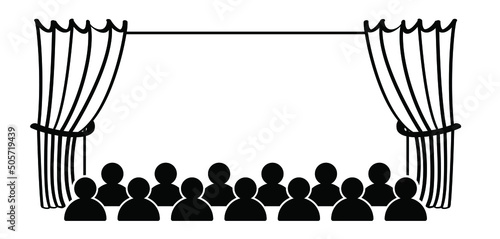 Cartoon stickman represented by presentation. Empty cinema movie theater stage with a curtain, for theatre, festival or cinema banner.  Stick figure man and auditorium and board. Theatre, movie or day
