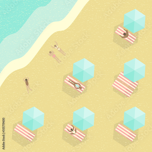 Aerial view on the beach. Ocean waves and people sunbathing on the sandy beach. Umbrellas and sun loungers for relaxation flat illustration. Vacation vector background. Holiday summer background