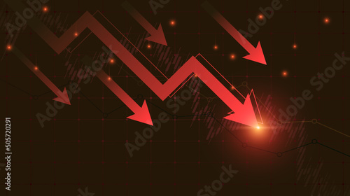 Falling down arrow with business chart in bear stock market on red color background
