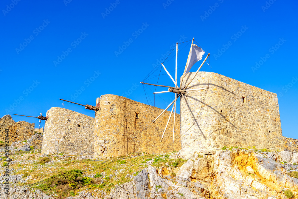 Windmühlen von Seli Ameblou, Lassithi Hocheben, Insel Kreta, Griechenland 