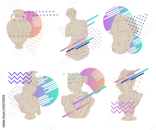 Set of antique marble Greek and Roman sculptures with vibrant colorful abstract elements, flat vector illustration isolated on white background. Ancient Greek or Roman statuary elements.