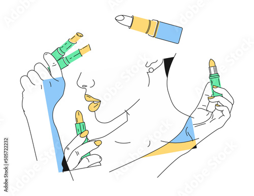 Woman applying color lipstick on her lips. vector illustration. Women Fashion Concept. women's lipstick. (ID: 505722232)