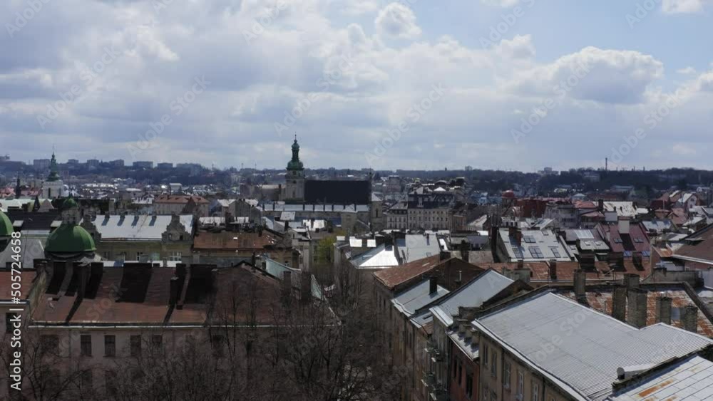Aerial drone of Lviv Old town square from ground to rooftops Ukraine Aerial drone of Lviv Old town square from ground to rooftops Ukraine