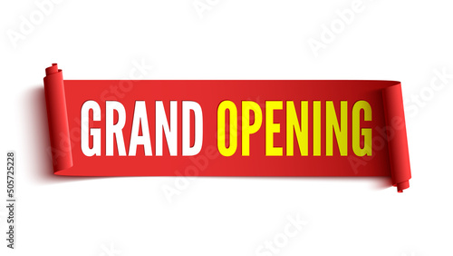 Grand opening banner. Red ribbon. Tag. Label. Sticker. Vector illustration. photo