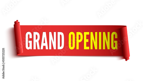 Grand opening banner. Red ribbon. Tag. Label. Sticker. Vector illustration.