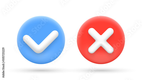 Accept and reject icons in 3d cartoon style. Check mark and cross. Vector illustration. (ID: 505725229)