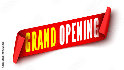 Grand opening banner. Red ribbon. Tag. Label. Sticker. Vector illustration. (ID: 505725231)