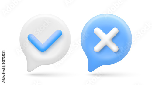 Accept and reject icons in 3d cartoon style. Check mark and cross on speech bubbles. Vector illustration. (ID: 505725234)