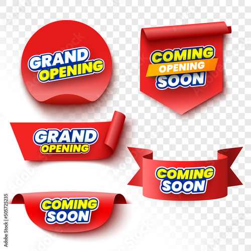 Set of coming soon and grand opening banners. Red ribbons, tags and stickers. Vector illustration. (ID: 505725235)