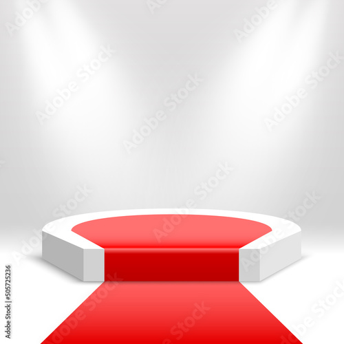 Podium with red carpet. Blank pedestal with spotlights. Products display platform. Stage for awards ceremony. Vector illustration. (ID: 505725236)