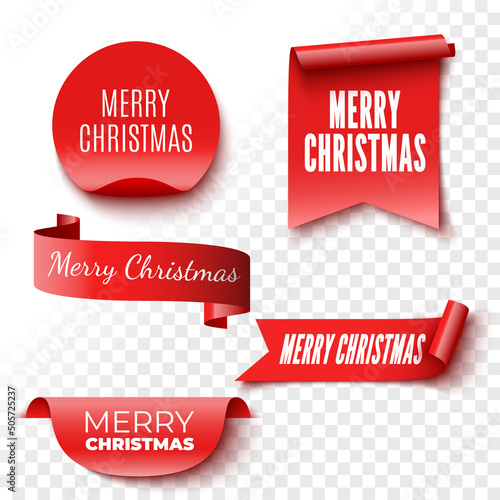 Set of red Christmas banners. Ribbons and round sticker. Tags. Paper scrolls. Vector illustration. (ID: 505725237)