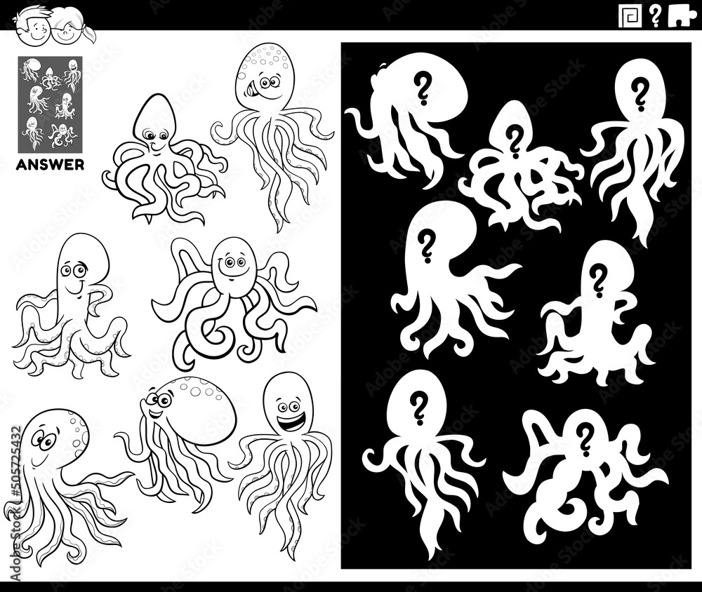 matching shapes game with cartoon octopus coloring page matching shapes game with cartoon octopus coloring page