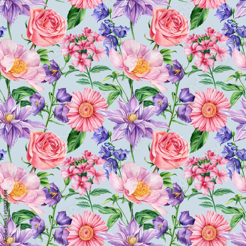 Rose, peonies, clematis, bluebell and verbena flower background template. Watercolor floral Seamless pattern  © Hanna