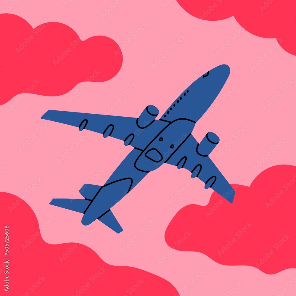 Blue airplane flying in the pink sky. Silhouette of passenger plane.  Vacation, fast travel, transportation concept. Hand drawn Vector  illustration. Card, icon, logo, poster template. Cartoon style Stock Vector  | Adobe Stock