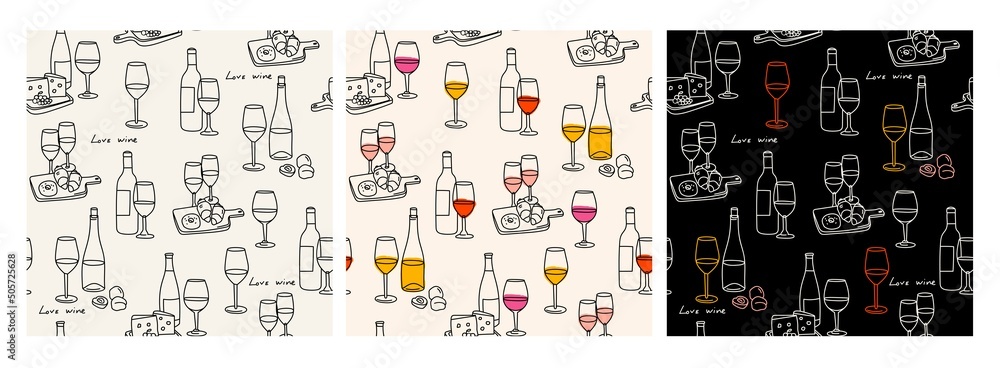 Various bottles and glasses of sweet and dry Wine. Red, white, rose wine, wooden plates with cheese, fruits, sweets. Hand drawn Vector illustration. Set of three square seamless Patterns 