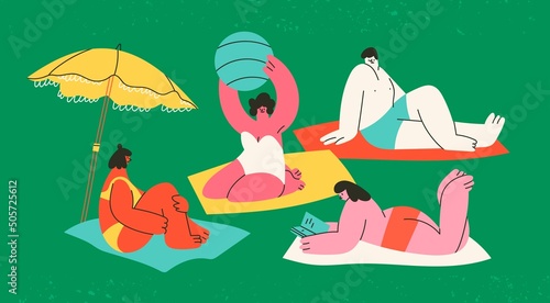 Diverse people lying on towels or blankets. Cute characters relaxing, sunbathing, reading books, talking. Summer time, beach, vacation concept. Hand drawn modern Vector illustration. Cartoon style