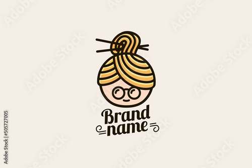 grandma noodle logo with a combination of grandma's face, noodles and chopsticks.