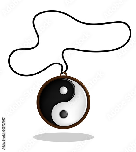 Amulet in wooden frame on cord, symbol of yin yang. Sign of harmony in Eastern philosophy and medicine. Realistic cartoon vector isolated on light background