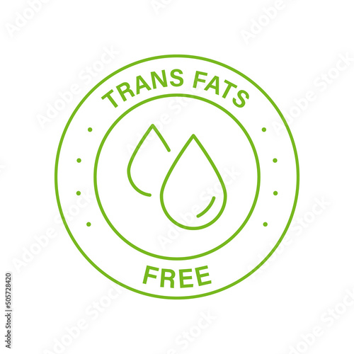 Trans Fat Free Line Green Icon. Zero Transfat Oil in Product Food Label. Healthy Nutrition Choice Symbol. Cholesterol Free Sign. Trans Fat Low Logo. 0 Transfat Stamp. Isolated Vector Illustration