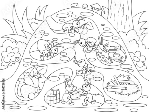 Interior and family life of ants in an anthill coloring for children cartoon vector illustration. Zentangle style.