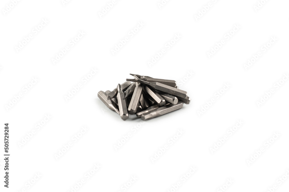 Fototapeta premium Isolated on a white background tips of a group of phillips head screwdriver bits. Top view.