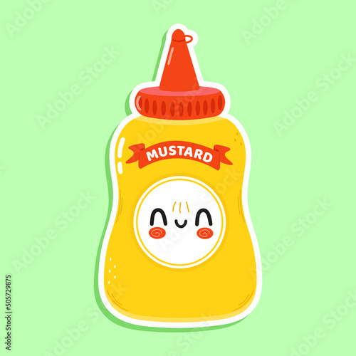 Cute funny mustard sticker character. Vector hand drawn cartoon kawaii character illustration icon. Isolated on white background. Mustard in bottle sticker character concept