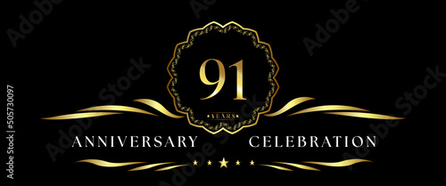 91 years anniversary celebration with gold decorative frame isolated on black background. 91 years Anniversary logo. Vector design for greeting card, birthday party, wedding, event party, ceremony.