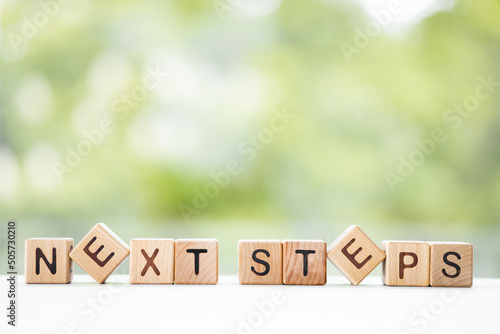 NEXT STEP - word is written on wooden cubes on a green summer background. Close-up of wooden elements.