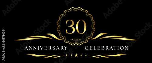 30 years anniversary celebration with gold decorative frame isolated on black background. 30 years Anniversary logo. Vector design for greeting card, birthday party, wedding, event party, ceremony.