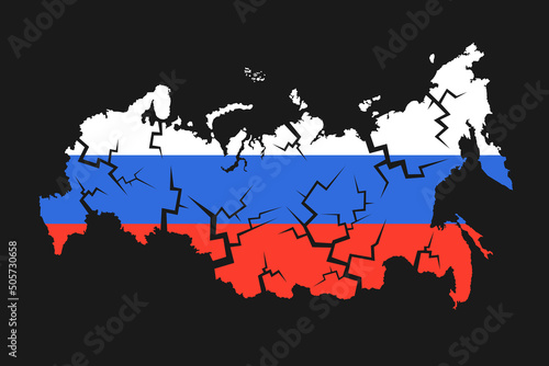 Crack on the map of Russia - decline, ruin, collapse, failure, disintegration and decimposition of Russian country and state. National flag on black. Vector illustration.