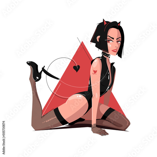 Seductive cat girl in stockings, high heels, collar and latex fetish suit playing with her leash. Stylish bdsm pet play isolated vector illustration
