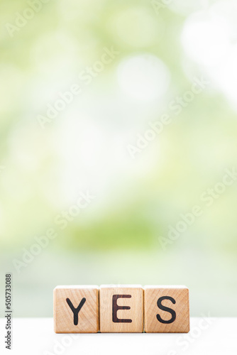 YES - word is written on wooden cubes on a green summer background. Close-up of wooden elements.