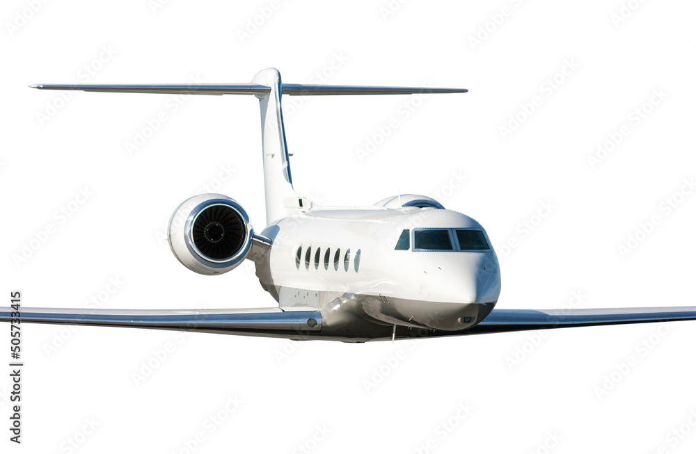 Luxury executive aircraft flies isolated on white background